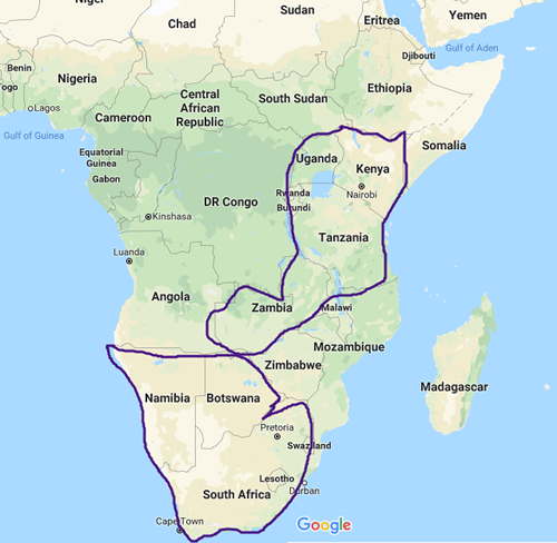 Safaris regions shown on a map of Africa